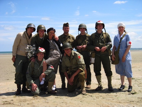 Group of people dressed in vintage World War 2 clothes, Utah Beach